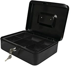 Hyfive® Petty Cash Box 8 200mm Supplied With 2 Keys and Removable Change Tray, Perfect Secure Storage For Loose Change, Black Metal Cash Box