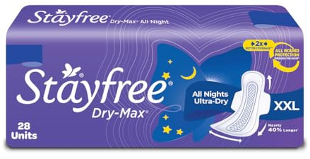 Stayfree Dry Max All Night XXL Sanitary Pads For Women | 28 Pads | Dry Cover | Provides Dry Feel for Up to 12 Hours | Super Lock Gel Pockets to Absorb Heavy Flow