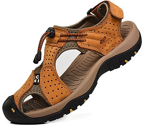 rismart Hombre Punta Cerrado Gancho y Bucle Al Aire Libre Excursionismo Cuero Zapatos Sandalias y Chanclas SN1505(Broncear,45 EU)