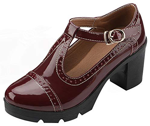ANUFER Femmes Milieu Bloc Talon T-Sangle Brogues Escarpin Mary Janes Uniforme Bureau Chaussures Habillées Bourgogne SN020216 EU36