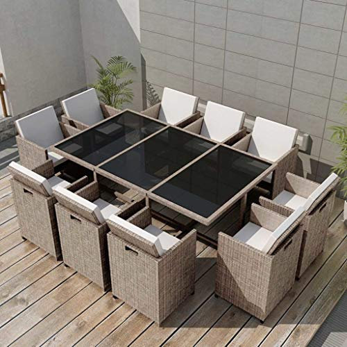 Tidyard 34-TLG. Garten Essgruppe Polyrattan Gartengarnitur Sitzgruppe Stahlrahmen Gartenmöbel aus 1 Tisch mit Glasplatte, 10 Stühle und 20 Kissen - Grau/Beige