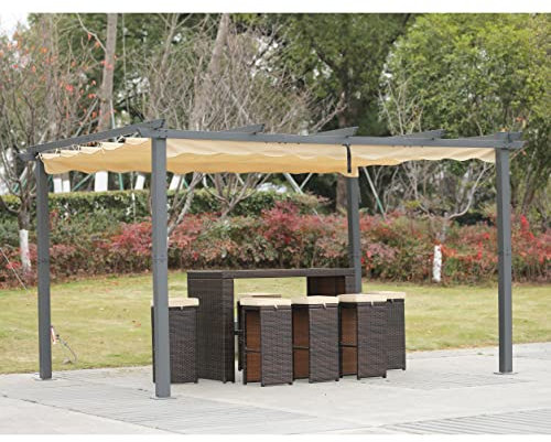 Angel Living Garten Pergola 3 x 4 m Pavillon Gartenpavillon aus Aluminium in anthrazit, Dachrohre aus Stahl, Verstellbares Dach aus Polyester UV Beschattung Beige
