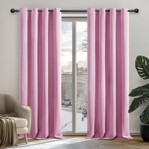 Deconovo Super Soft Thermal Insulated Blackout Curtains Blackout Eyelet Curtains Window Treatment Curtains for Bedroom Pink 42 x 95 Inch 2 Panels