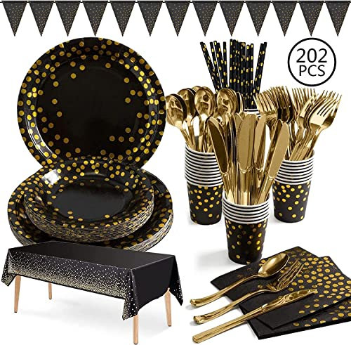 Aschef 202er Partygeschirr Geschirrset geschirr Set, Pappteller Papierteller Pappbecher Partyteller Servietten Tischdecke Besteck für Party Geburtstag Kindergeburtstag 25 Personen, Schwarzgold