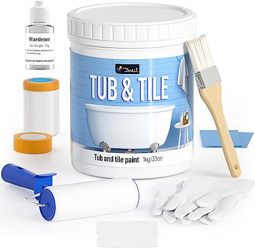 DWIL Kit de reacabado de tina y azulejos de 35 onzas con herramientas, pintura blanca para bañera a base de agua y bajo olor, fácil de usar para fregadero de baño, cocina, blanco semibrillante, 50-55