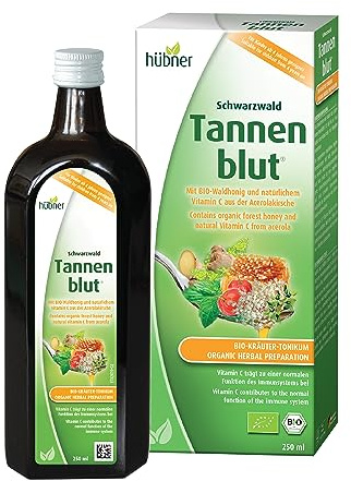 Hubner Tannenblut Organic Herbal Preparation, Honey Cough Syrup, Cold and Sore Throat Support, Soothing Relief, Vitamin C Supplement for Adults and Kids 4 and Older, Kosher and Alcohol-Free, 250 ml