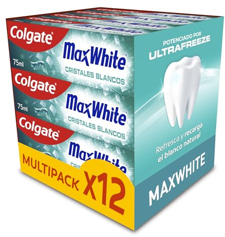 Colgate Max White Pasta de Dientes Cristales Blancos 12x75ml, frescor potenciado por UltraFreeze, 10x más duradero, recupera el blanco natural de tus dientes, explosión instantánea de fresco