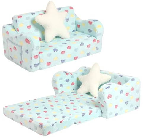 MOMCAYWEX Toddler Couch, 2-in-1 Kids Soft Couch Fold Out with Star Pillow, Foldable Sofa to Lounger, Large, Colorful Heart