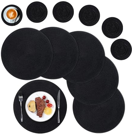 SHACOS Round Placemats and Coasters Set of 6, Round Braided Woven Place Mats Washable Black Table Mats and Coasters Sets Heat Resistant Table Mats for Kitchen Dining Table Home Restaurant