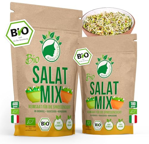 NanaNatura's Graines à Germer Bio | pour la Culture de Pousses | avec un taux de germination supérieur | Microgreens (Salade-Mix Bio, 600g)