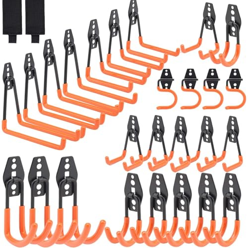 Dorisy 28 Pack Garage Hooks Heavy Duty, Industrial Wall Mount Garage Storage Hooks for Hanging Bike, Ladder and Garden Tools, Organization System with Mop Broom Holders, 100 LBS Capacity, Orange