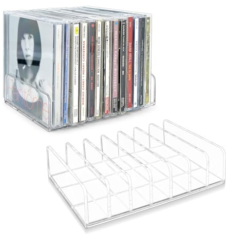 Philbinden 2 Pcs Clear Acrylic CD Holder, DVD/CD Display Rack & CD Storage Box & Vinyl Record Storage Stand Holds up to 14 Standard CD Cases for Media Shelf Storage and Organization