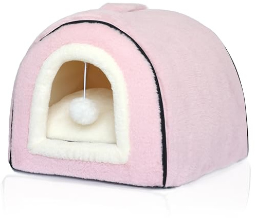 OMIVIER Lit pour Chat d'intérieur - Niche Pliable - Fond antidérapant et résistant à l'eau - Maison pour Chats ou Petits Chiens d'intérieur - Tente pour Chaton - Lit pour Lapin - Lit 2 en 1 (Rose)