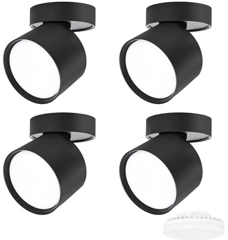 KYOTECH 4er Set Schwenkbar LED Aufbauspot 230V Ø82×80mm Deckenspots Schwarz Aufbaustrahler Flach inkl. 6W 550LM GX53 LED Leuchtmittel Warmweiß 3000K Aufputz Spots Rund Deckenleuchte