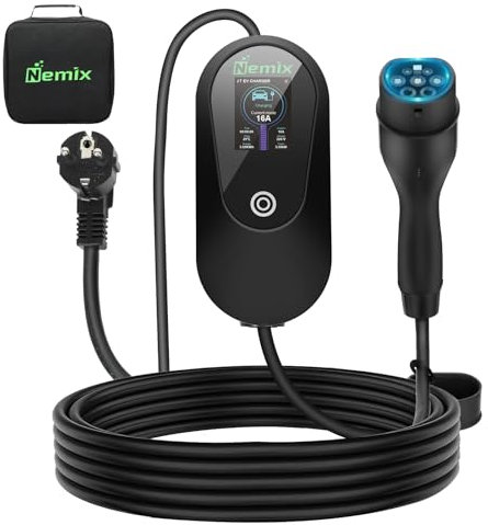 Nemix Cavo Ricarica Auto Elettrica Tipo 2 Schuko 3.68kW, Colonnina Ricarica Auto Elettrica Monofase 5m (8-16A) con Display HD 2.8, Regolazione Corrente e Temporizzazione, per Tipo 2 EV/PHEV