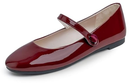 Feversole Women's Comfort Ballet Flats Strap Comfort Casual Mary Jane Shoes Burgundy Patent UK Size 5.5