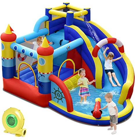 COSTWAY Aufblasbare Hüpfburg mit 550W Gebläse, 6-in-1 Wasserpark mit Rutsche, Planschbecken & Wasserkanone, Outdoor Bouncer Hüpfschloss Springburg für Kinder, Garten, 360 x 290 x 200 cm