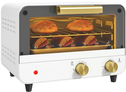 HOMCOM Small Toaster Oven, 12L Multifunction Mini Countertop Oven with Glass Door, Adjustable Temperature and Timer, Accessory Included, 750W, White