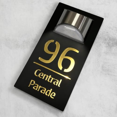House Numbers Plaques With Solar Light House Numbers Door Signs Personalised Door Number For Wall Name Outside (Black and Mirror Gold)