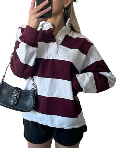 Women Striped Rugby Shirt Y2k Long Sleeve Oversized Polo Sweatshirt Vintage Collared Shirt Pullover Top Streetwear(Loose Wine Red,Medium)