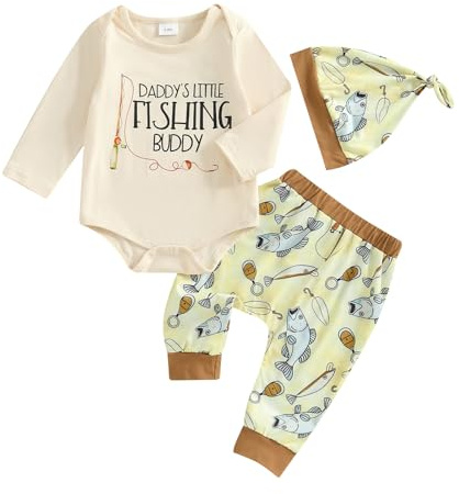 Toddler Infant Baby Boys Clothes Set Long Sleeve Round Neck Romper Fish Print Pants Hat Set Newborn Baby Boy Fall Outfits Baby Boy Fishing Outfit