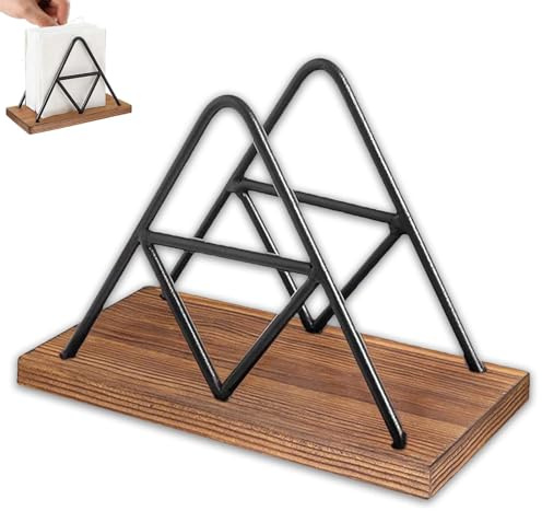 Servilletero, Dispensador de Servilletas, Servilletero Vertical Madera y Metal, Servilletas de Papel Mesa con Base de Madera, para Decoración de Cocina, Restaurantes, Cafeterías, Negro