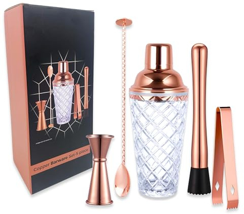 Chabrias Ltd Premium Cocktail Kit 5-Piece With Gift Box Stainless Steel Copper Coated Barware– 450ml Copper & Glass Cocktail Shaker, Mixing Spoon, Double Jigger, Muddler, Tongs, Bartender Kit