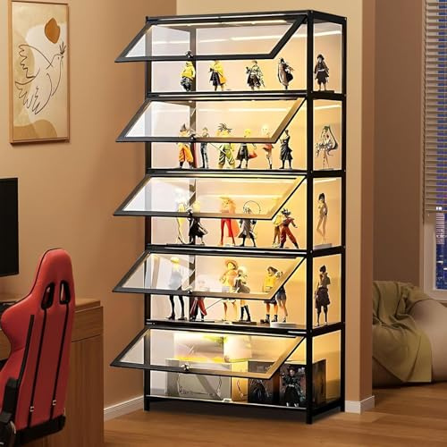 Scribora Vetrine, vetrina in vetro per oggetti da collezione e trofei, vetrina a 5 ripiani, libreria, armadietto per soggiorno, camera da letto, ufficio (Porta pieghevole nera|)