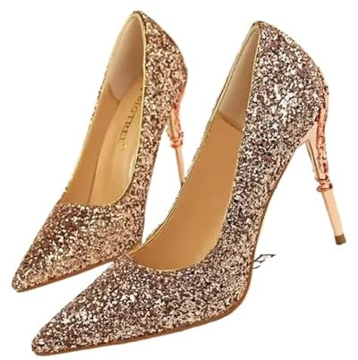 DASJKDI Escarpins à talons hauts et fins for femmes, bout pointu en métal, peu profonds, sexy, scintillants, chaussures de mariée, blancs pour Mariage et Bal de(Champagne,5)