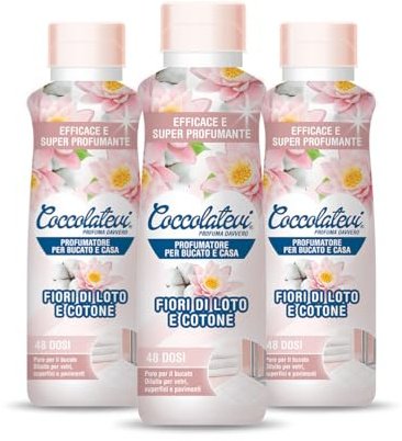COCCOLATEVI Parfum de Linge Fleurs de Lotus et Coton, 3 flacons de 300 ml, Essence lessive à utiliser comme parfum lessive et sécheuse, parfum maison ou nettoyant pour sol