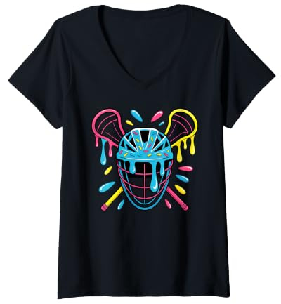 Women's Colorful Dripping Helmet Lacrosse Vibes V-Neck T-Shirt