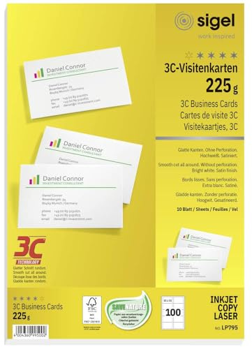 Sigel LP795 Bedruckbare Visitenkarten, glatte Kanten 85 x 55 mm Hochweiß 100 St. Papierformat: DIN A4