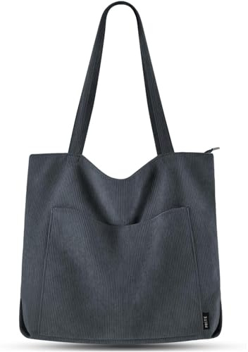 Prite Corduroy Tote Bag for Women Large Shoulder Bag with Zipper and Pockets for College School Work Travel Shopping-Grey