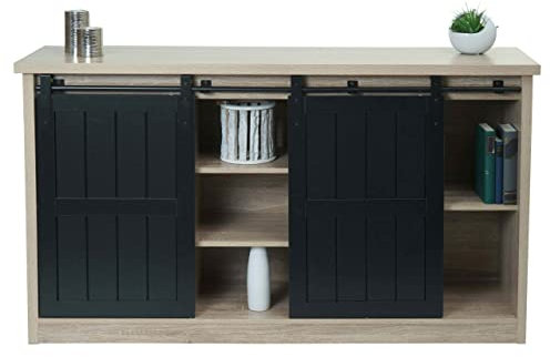 Mendler Sideboard HWC-K75, Highboard Regal Schrank, Schiebetüre 7 Fächer, Holz-Optik Industrial Metall 84x150x40cm - naturfarben