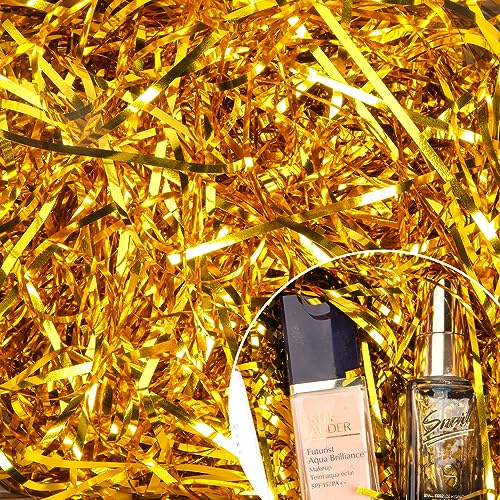 Ottwll 150 Gram Sparkly Iridescent Film PP Hamper Shreds Crinkle Confetti for Gift Wrapping & Basket Filling & Gift Box filler Crinkle Cut Paper Shred Filler Easter Basket Filling-Gold