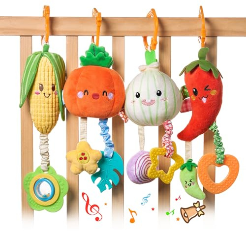 TUMAMA Hanging Baby Toys, 4 Pack Vegetable Crib Stroller Baby Gym Mobile Plush Toys, Early Baby Cognitive Sensory Hanging Rattle Toys with Teether. Suitable for Babies 0, 3, 6, 9, 12 Months