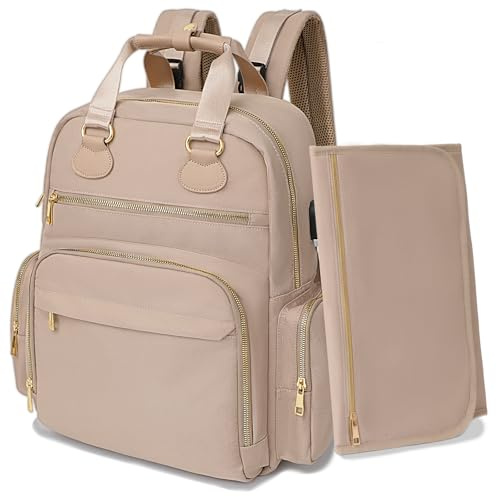 MISS FONG Changing Bag Backpack,Baby Bags Nappy Changing Backpack,Travel Baby Bag Large Capacity with Foldable Changing Mat, Stroller Straps, USB Charge Port for Moms and Dads, Khaki