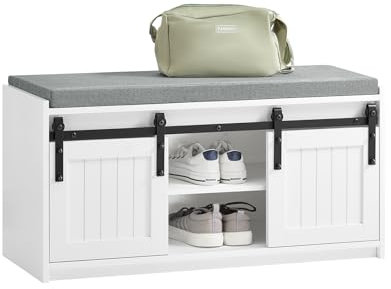 SoBuy Banco Zapatero Bequeño con Puerta Corrediza de Granero Armario Multifuncional de Asiento para Entrada con 2 Estantes de Almacenamiento Blanco 90 x 35 x 46 cm FSR133-K-W ES
