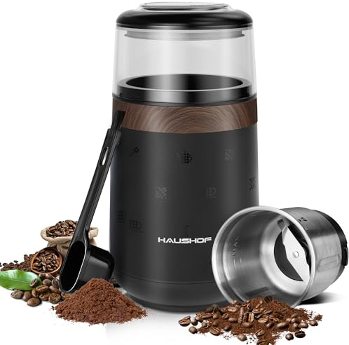 HAUSHOF Coffee Grinder Electric, One Touch Design, Spice, Herb, Grinder for Coffee Bean Spices and Seeds with 1 Removable Stainless Steel Bowl, Dry Grinder-Black