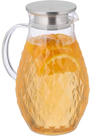 Relaxdays Jarra de Cristal, 2 litros, Garrafa Zumo con Tapa, para Servir Té Helado, Vidrio, Acero, Transparente/Plateado
