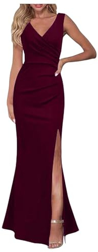 Generic 2025 Elegant Sleeveless V-Neck Split Evening Dress for Women Long Formal Dress for Cocktail Party and Beautiful Dresses For Girls, red, M