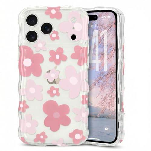 Micoden Cute Curly Wave Case for iPhone 17 Pro,Clear with Anti-Yellowing Flower Floral,Soft TPU Slim Bumper Shockproof Anti-Scratch Protective Wavy Cover for Girls Women-Pink