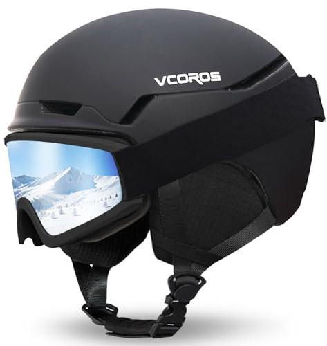 Skihelm mit Skibrille Skimaske Skihelme für Damen und Herren mit Abnehmbare Ohrpolster Atmungsaktiver Stoßdämpfung UV Verstellbarer Snowboard Helm für Skifahren (Matt Schwarz +Skibrille, M)