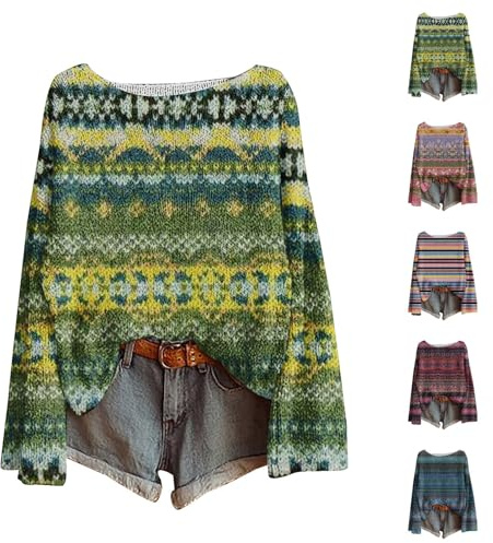 Suéteres para mujer, de gran tamaño, vintage, bohemio, estampado floral, ropa de punto étnico, tops de otoño, cuello redondo, manga larga, suéter suave y cómodo, blusa para salir