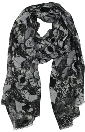 LUMBERJACK Sciarpa da Donna Morbida in Viscosa, Fantasia Floreale e Foglie, Nero e Grigio, Elegante e Calda, Con Scatola Regalo