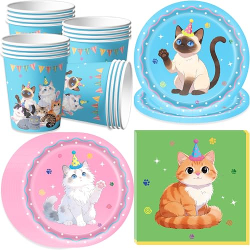 pekifaves Set Stoviglie Tema Gatti, Set di accessori per feste di compleanno di gattini, bicchieri di carta, tovaglioli, per decorazioni per feste di gatti per bambini, per 16 ospiti