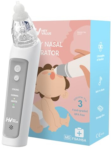HEYVALUE Electric Nasal Aspirator for Baby, 3 Adjustable Suction Levels | 3 Soft Silicone Tips, Adjustable Suction Levels and Music Volume for More Comfortable Nose Cleaning for Babies and Toddlers