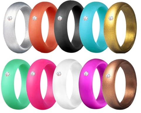 Flongo Women ‘s Workout Wedding Silicone Ring: 10 Packs Zircon Inlay Rubber Engagement Ring Set - Comfortable Fit Skin Safe Breathable Sports Rings Multi Colors