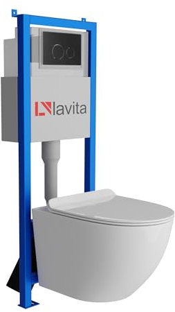 Lavita LAV 101 Vorwandelement für WC 40cm + Wand Hänge Tiefspül WC SOFI SLIM Weiß Matt Spülrandlos + Bedienplatte LAV 200.4.4 Schwarz | Komplettset | Unterputz Spülkasten | Toilette Komplett Sett