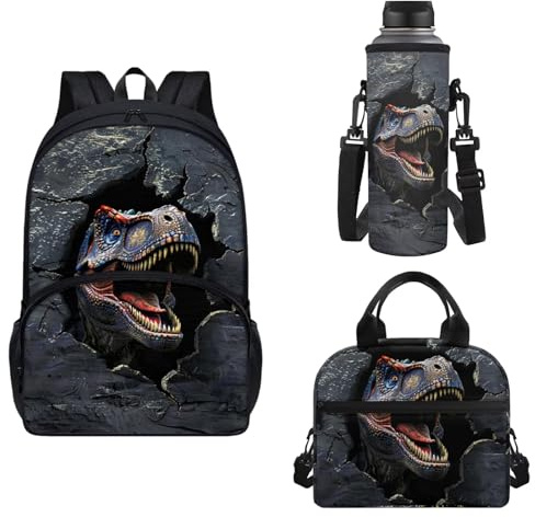Horeset 3 Piece Dinosaur Print Backpack for Kids Bookbag with Water Carrier Pouch Lunch Box Bag, Children's Rucksack Case Bag with Side Mesh Pocket